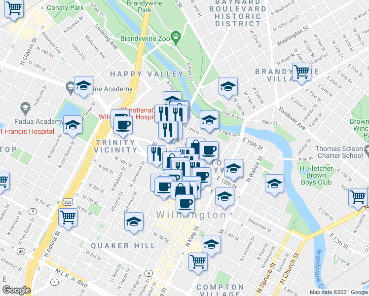 map of restaurants, bars, coffee shops, grocery stores, and more near 1201 North Tatnall Street in Wilmington