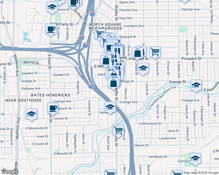 map of restaurants, bars, coffee shops, grocery stores, and more near 1402 Shelby Street in Indianapolis