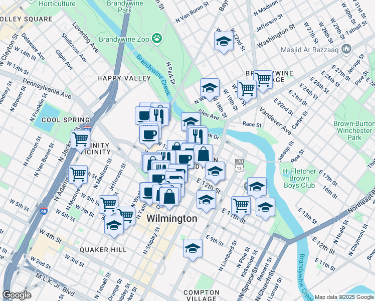 map of restaurants, bars, coffee shops, grocery stores, and more near 4 Winchester Place in Wilmington