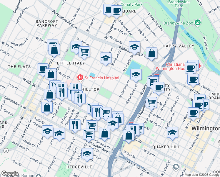 map of restaurants, bars, coffee shops, grocery stores, and more near 708 North Franklin Street in Wilmington