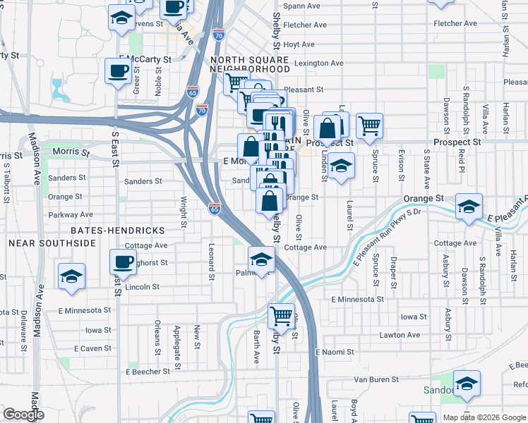 map of restaurants, bars, coffee shops, grocery stores, and more near 1402 Shelby Street in Indianapolis
