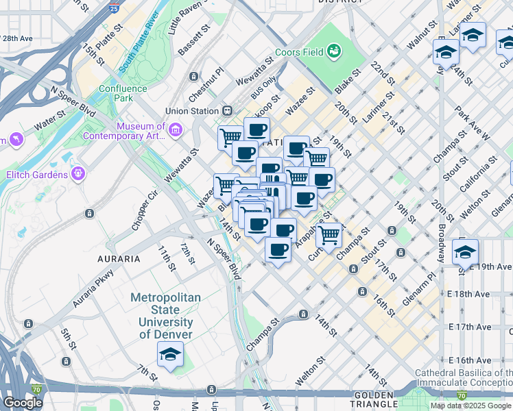 map of restaurants, bars, coffee shops, grocery stores, and more near 1228 Larimer Street in Denver