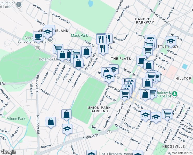 map of restaurants, bars, coffee shops, grocery stores, and more near 2500 Lancaster Avenue in Wilmington