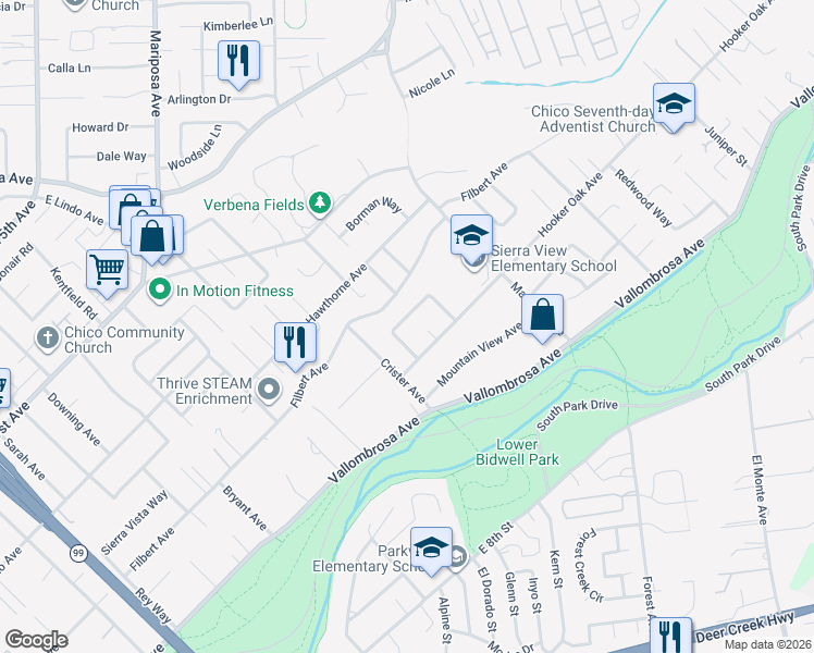 map of restaurants, bars, coffee shops, grocery stores, and more near 39 Saint Francis Drive in Chico