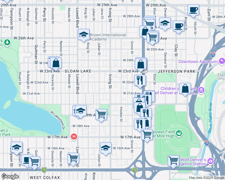 map of restaurants, bars, coffee shops, grocery stores, and more near 2110 Irving Street in Denver