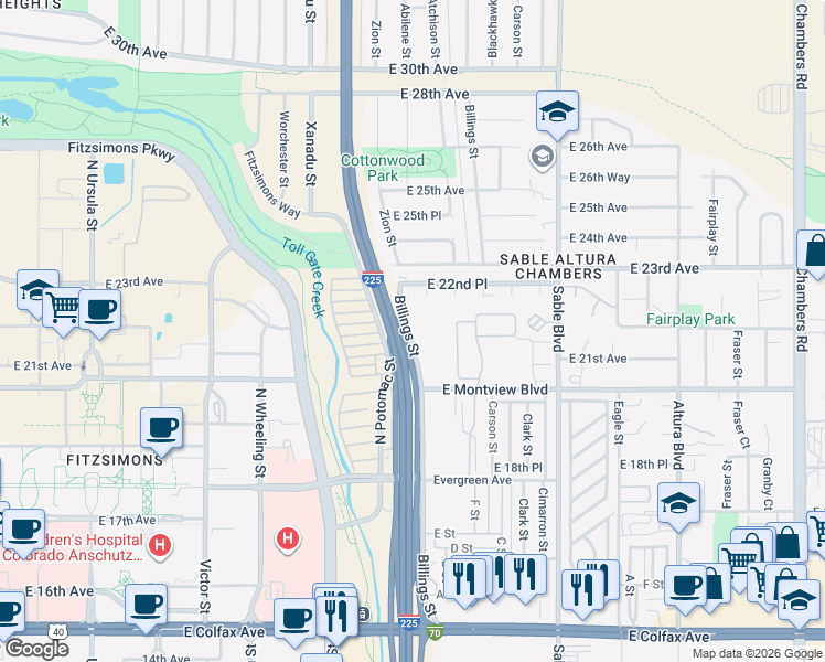 map of restaurants, bars, coffee shops, grocery stores, and more near 2220 Billings Street in Aurora