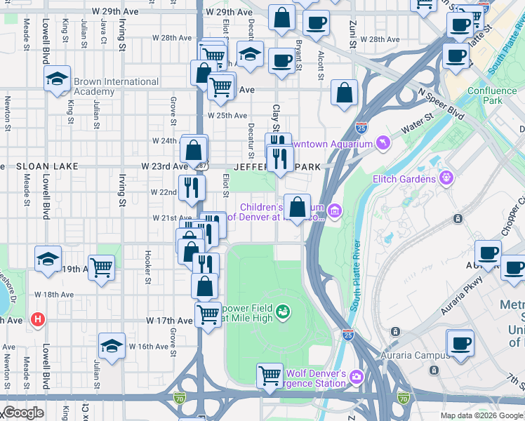 map of restaurants, bars, coffee shops, grocery stores, and more near 2777 Mile High Stadium Circle in Denver
