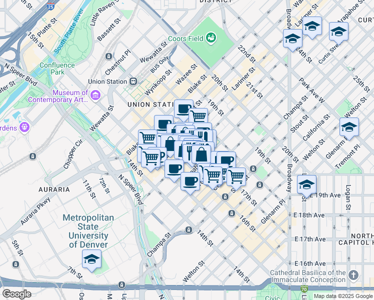 map of restaurants, bars, coffee shops, grocery stores, and more near 1200 17th Street in Denver