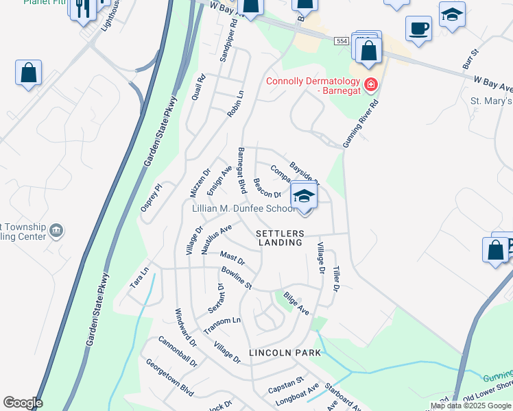 map of restaurants, bars, coffee shops, grocery stores, and more near 102 Barnegat Boulevard South in Barnegat Township