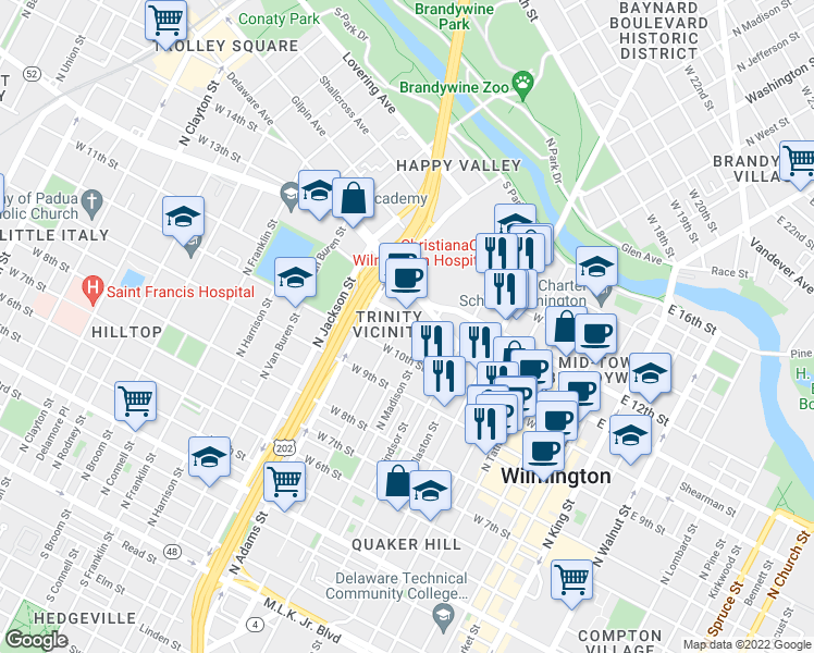 map of restaurants, bars, coffee shops, grocery stores, and more near 708 West 11th Street in Wilmington