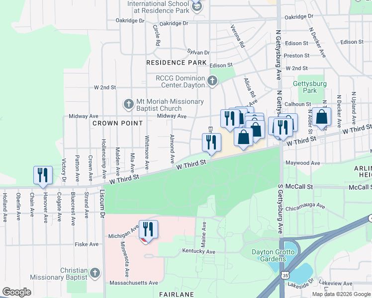 map of restaurants, bars, coffee shops, grocery stores, and more near 4501 Greenleaf Drive in Dayton