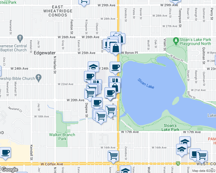 map of restaurants, bars, coffee shops, grocery stores, and more near 2060 Benton Street in Edgewater