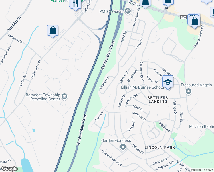 map of restaurants, bars, coffee shops, grocery stores, and more near 154 Sandpiper Road in Barnegat Township