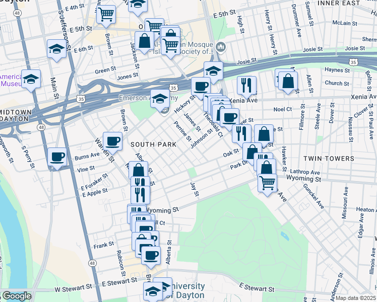 map of restaurants, bars, coffee shops, grocery stores, and more near 112 Johnson Street in Dayton