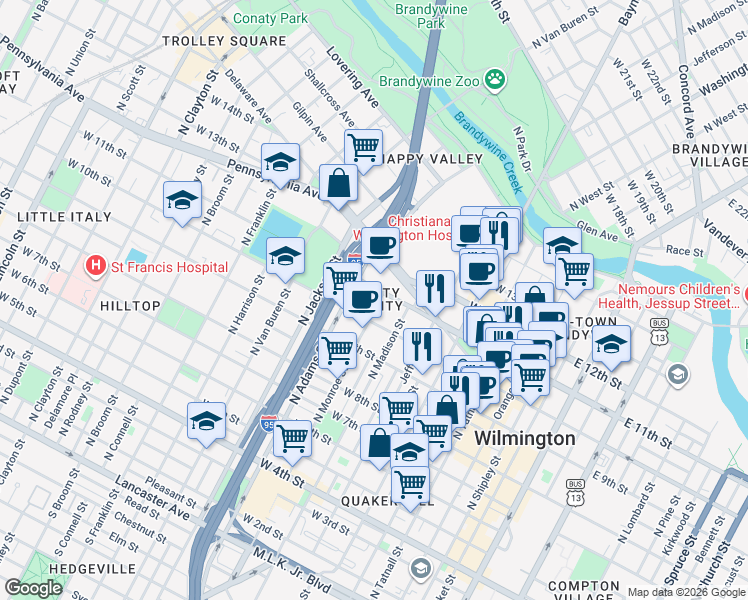 map of restaurants, bars, coffee shops, grocery stores, and more near in Wilmington