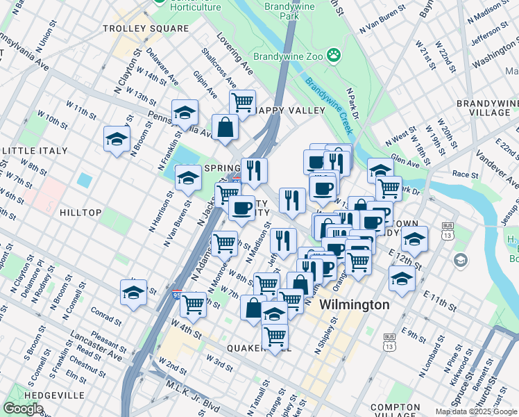 map of restaurants, bars, coffee shops, grocery stores, and more near 708 West 11th Street in Wilmington
