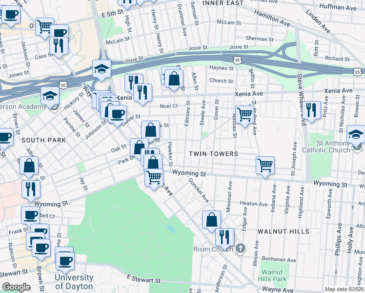 map of restaurants, bars, coffee shops, grocery stores, and more near 245 Fillmore Street in Dayton