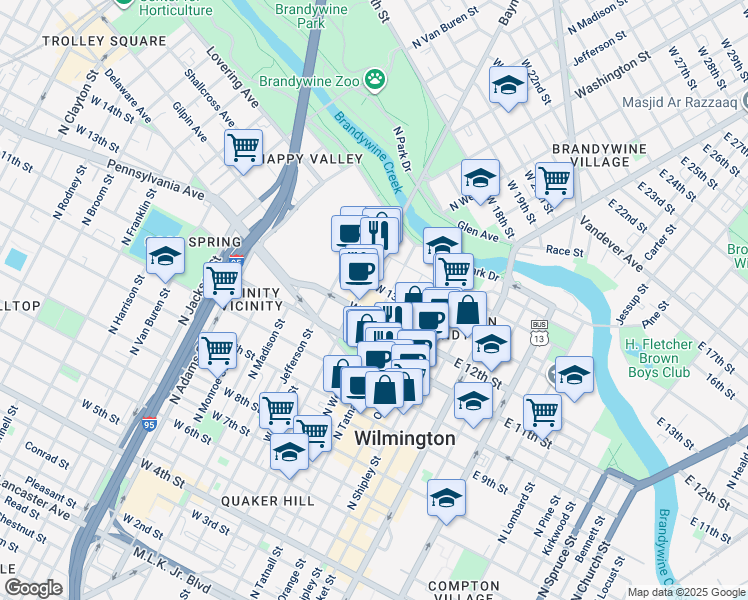 map of restaurants, bars, coffee shops, grocery stores, and more near 305 Torbert Street in Wilmington