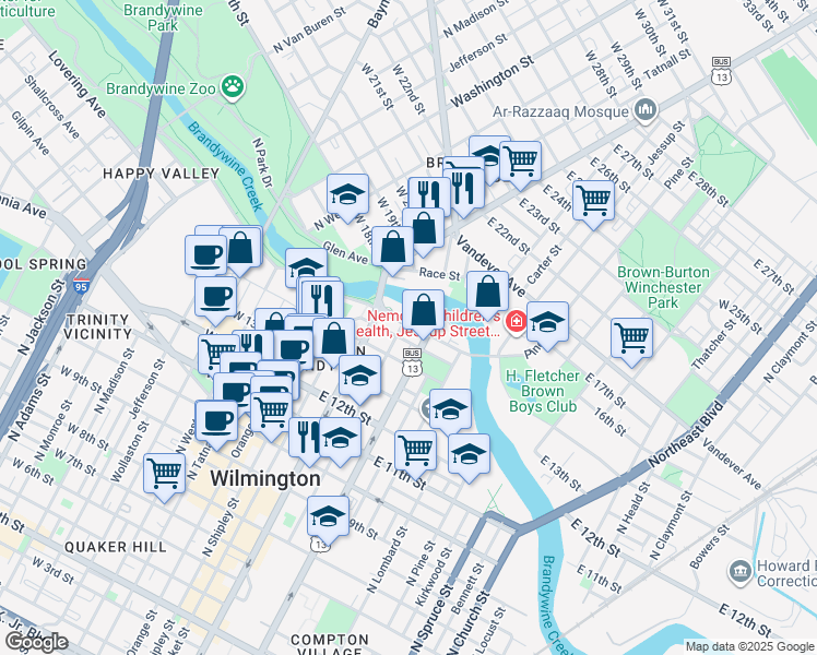map of restaurants, bars, coffee shops, grocery stores, and more near 1408A North French Street in Wilmington