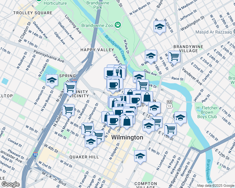 map of restaurants, bars, coffee shops, grocery stores, and more near 305 Torbert Street in Wilmington