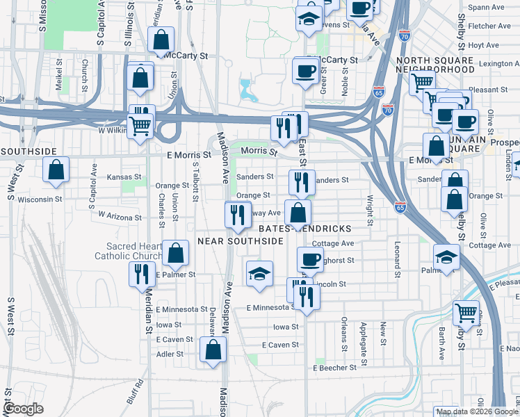 map of restaurants, bars, coffee shops, grocery stores, and more near 326 Parkway Avenue in Indianapolis