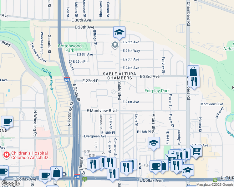 map of restaurants, bars, coffee shops, grocery stores, and more near 14435 East Montview Boulevard in Aurora