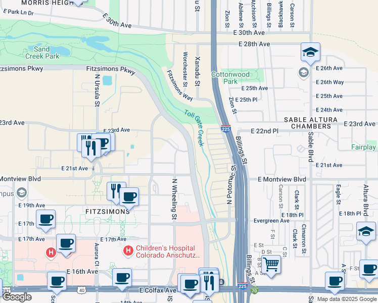 map of restaurants, bars, coffee shops, grocery stores, and more near 2201 Fitzsimons Parkway in Aurora