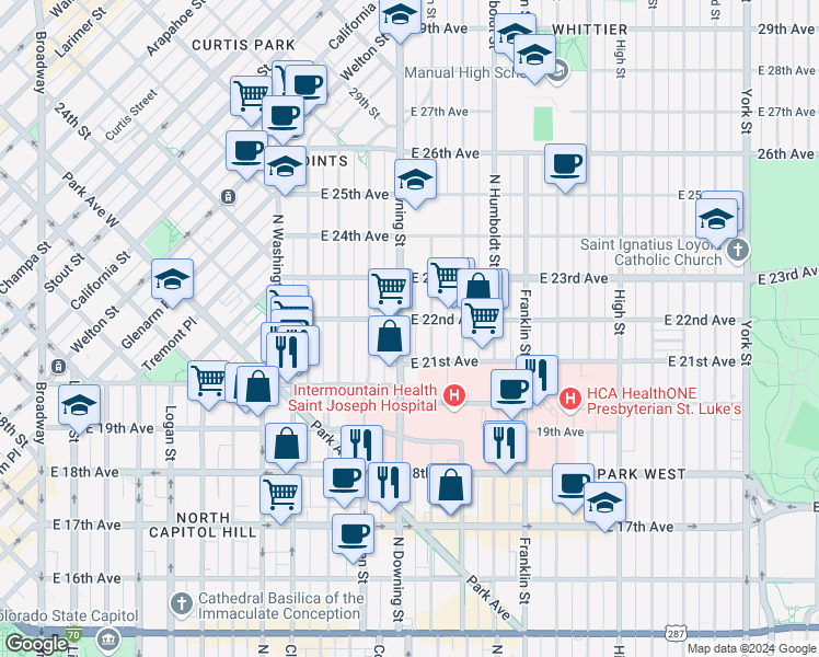 map of restaurants, bars, coffee shops, grocery stores, and more near 2100 North Downing Street in Denver
