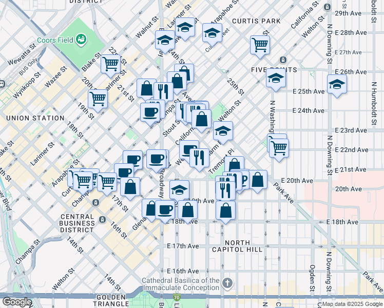 map of restaurants, bars, coffee shops, grocery stores, and more near 2061 Glenarm Place in Denver