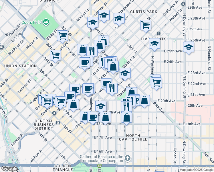 map of restaurants, bars, coffee shops, grocery stores, and more near 2061 Glenarm Place in Denver