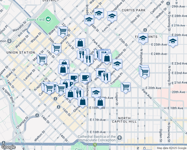 map of restaurants, bars, coffee shops, grocery stores, and more near 2003 Welton Street in Denver