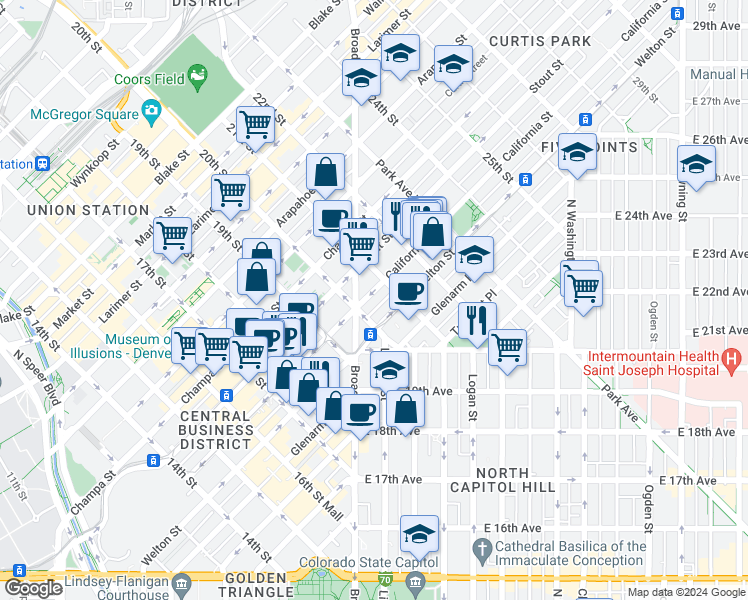 map of restaurants, bars, coffee shops, grocery stores, and more near 2003 Welton Street in Denver