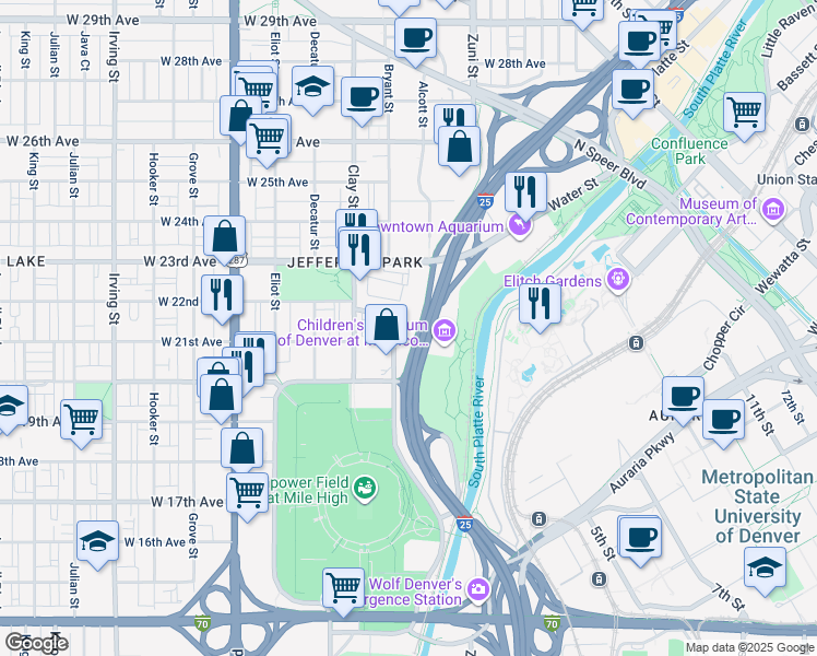 map of restaurants, bars, coffee shops, grocery stores, and more near 2050 Bryant Street in Denver