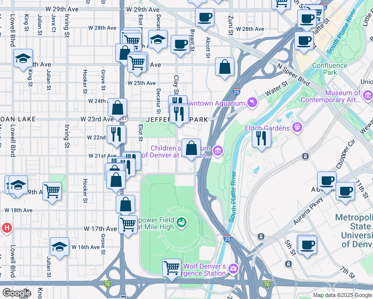 map of restaurants, bars, coffee shops, grocery stores, and more near 2043 Bryant Street in Denver