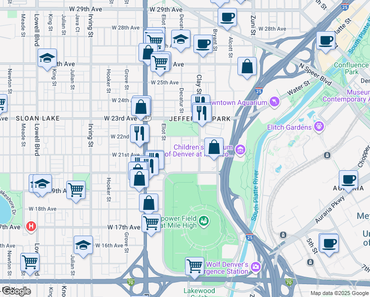 map of restaurants, bars, coffee shops, grocery stores, and more near 2804 West 21st Avenue in Denver