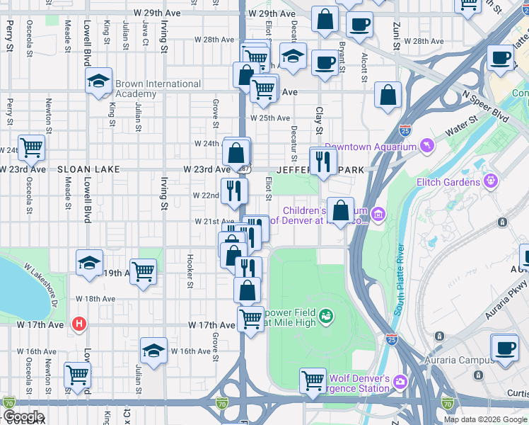 map of restaurants, bars, coffee shops, grocery stores, and more near 2045 Eliot Street in Denver