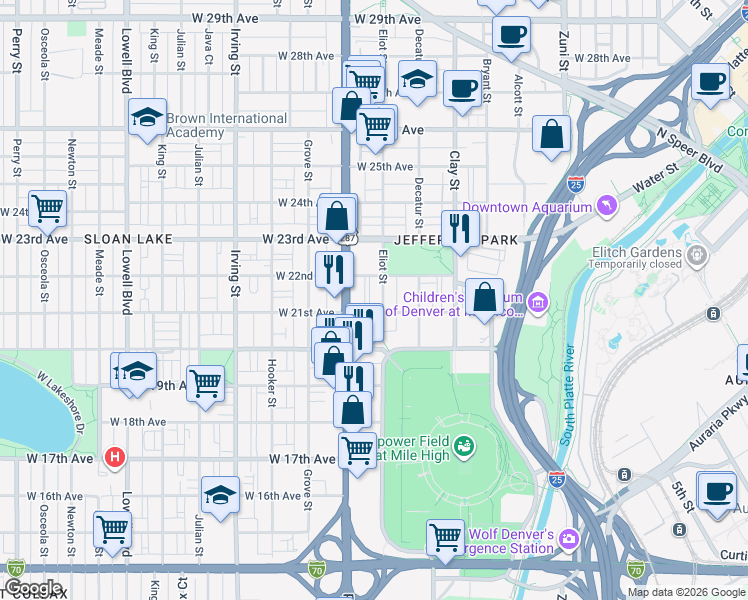 map of restaurants, bars, coffee shops, grocery stores, and more near 2045 Eliot Street in Denver