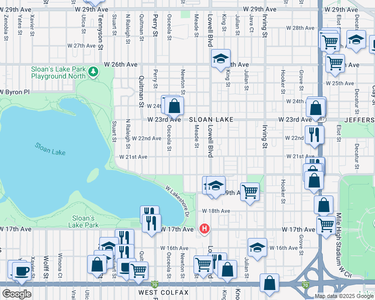 map of restaurants, bars, coffee shops, grocery stores, and more near 2047 Meade Street in Denver