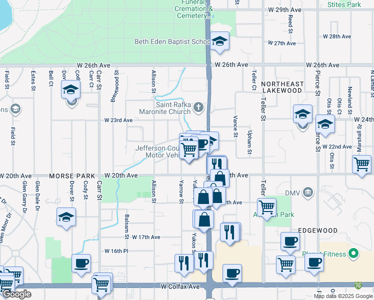 map of restaurants, bars, coffee shops, grocery stores, and more near 2075 Yarrow Street in Lakewood