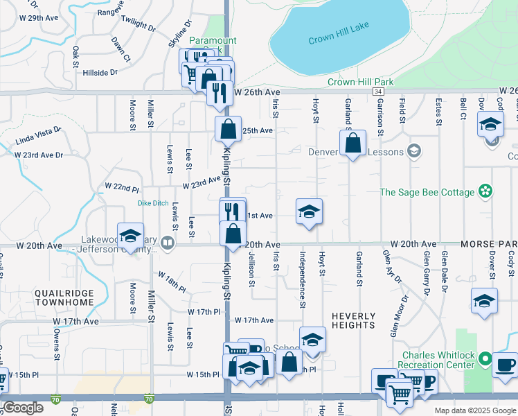 map of restaurants, bars, coffee shops, grocery stores, and more near 9840 West 21st Avenue in Lakewood