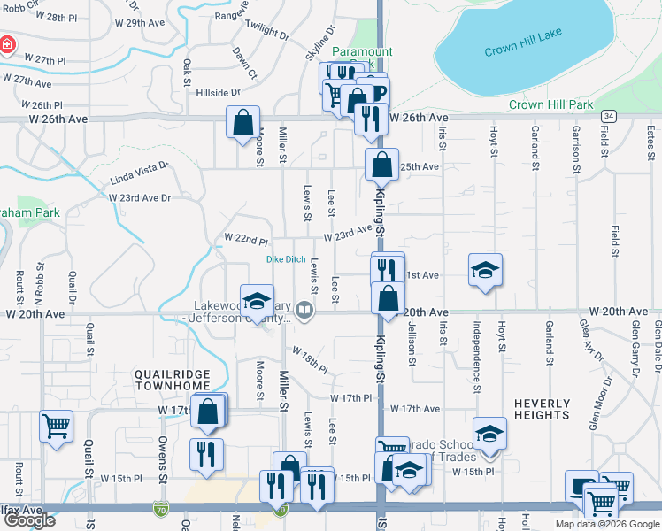 map of restaurants, bars, coffee shops, grocery stores, and more near 2090 Lewis Street in Lakewood