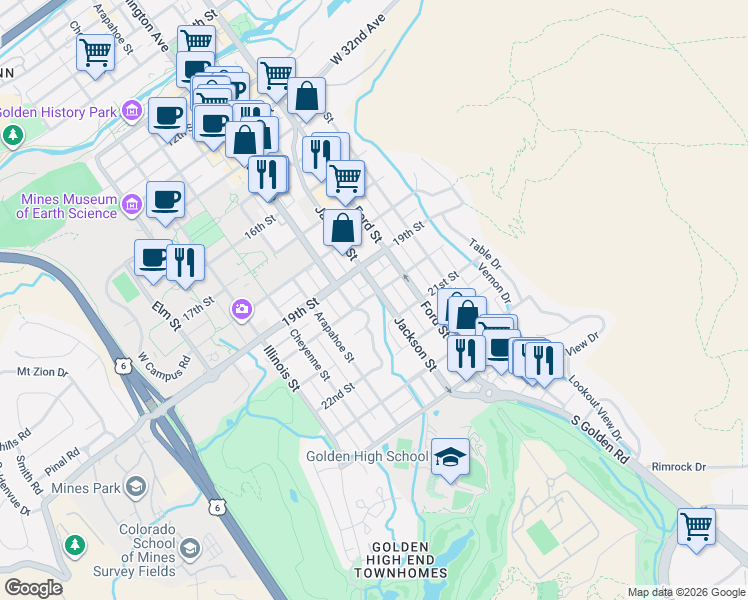 map of restaurants, bars, coffee shops, grocery stores, and more near 2011 Washington Avenue in Golden