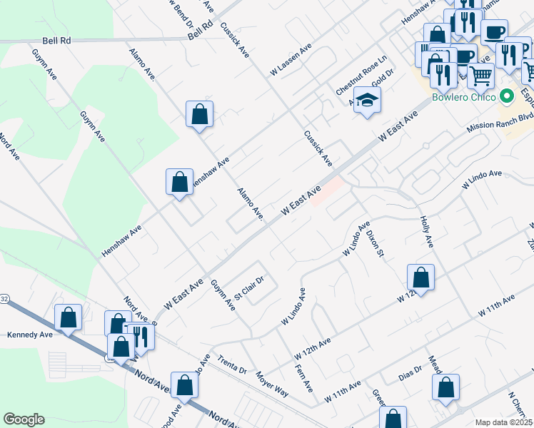 map of restaurants, bars, coffee shops, grocery stores, and more near in Chico