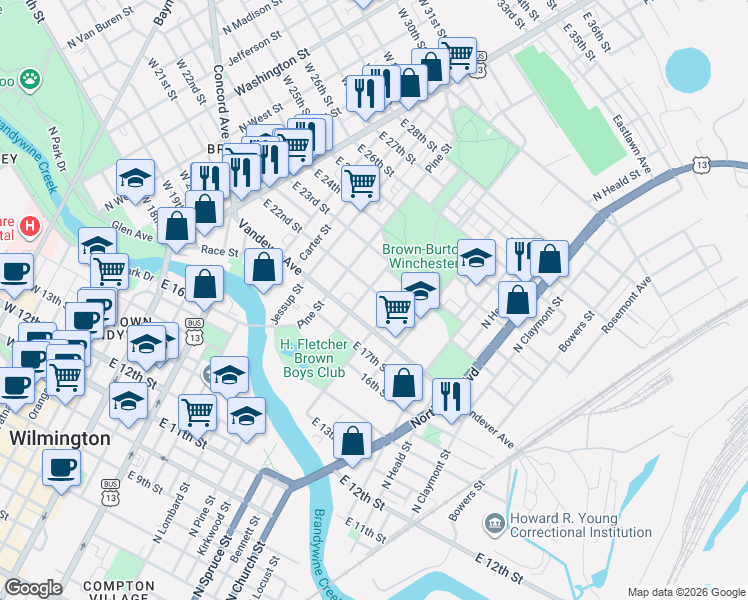 map of restaurants, bars, coffee shops, grocery stores, and more near 714 Vandever Avenue in Wilmington
