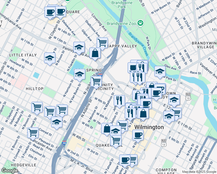 map of restaurants, bars, coffee shops, grocery stores, and more near in Wilmington