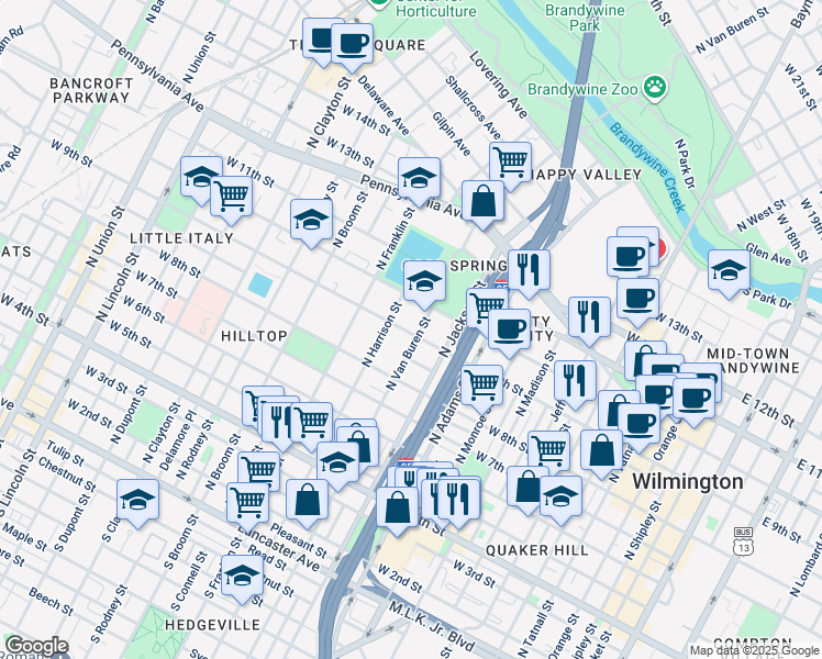 map of restaurants, bars, coffee shops, grocery stores, and more near 815 North Van Buren Street in Wilmington