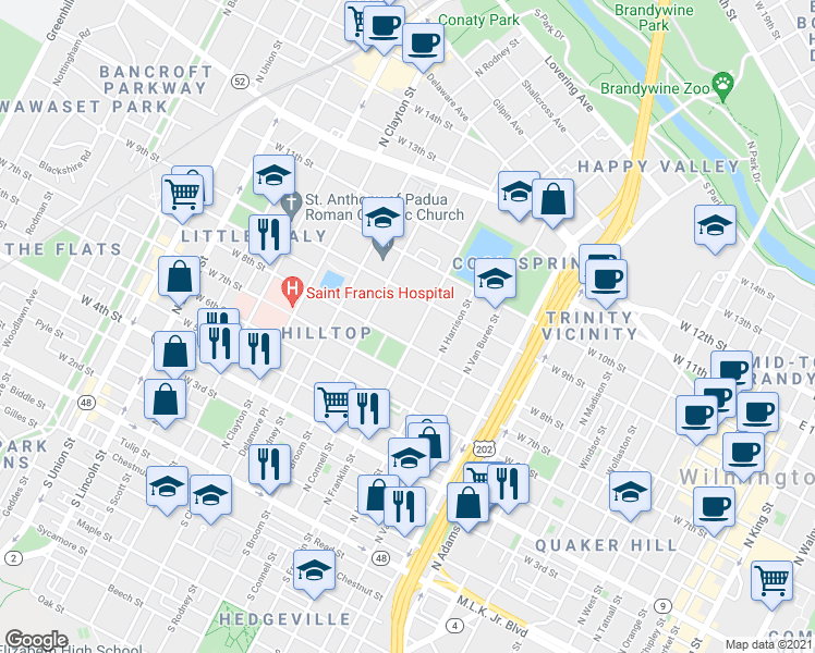 map of restaurants, bars, coffee shops, grocery stores, and more near 708 North Franklin Street in Wilmington