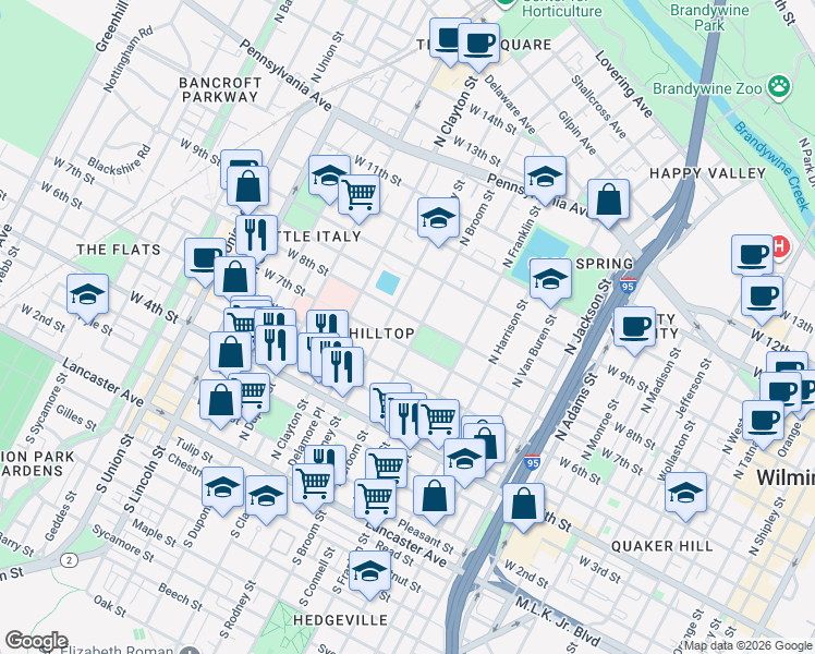 map of restaurants, bars, coffee shops, grocery stores, and more near 624 North Broom Street in Wilmington