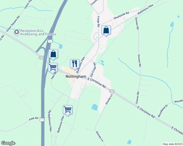 map of restaurants, bars, coffee shops, grocery stores, and more near 5 Old Forge Rd in Nottingham
