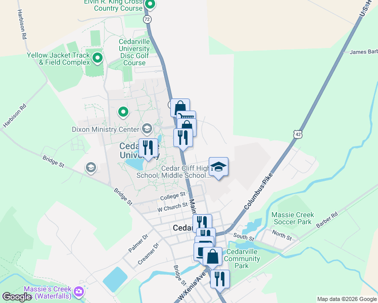 map of restaurants, bars, coffee shops, grocery stores, and more near 274 Walnut Street in Cedarville